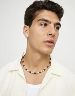 Leather necklace with silver and wooden beads