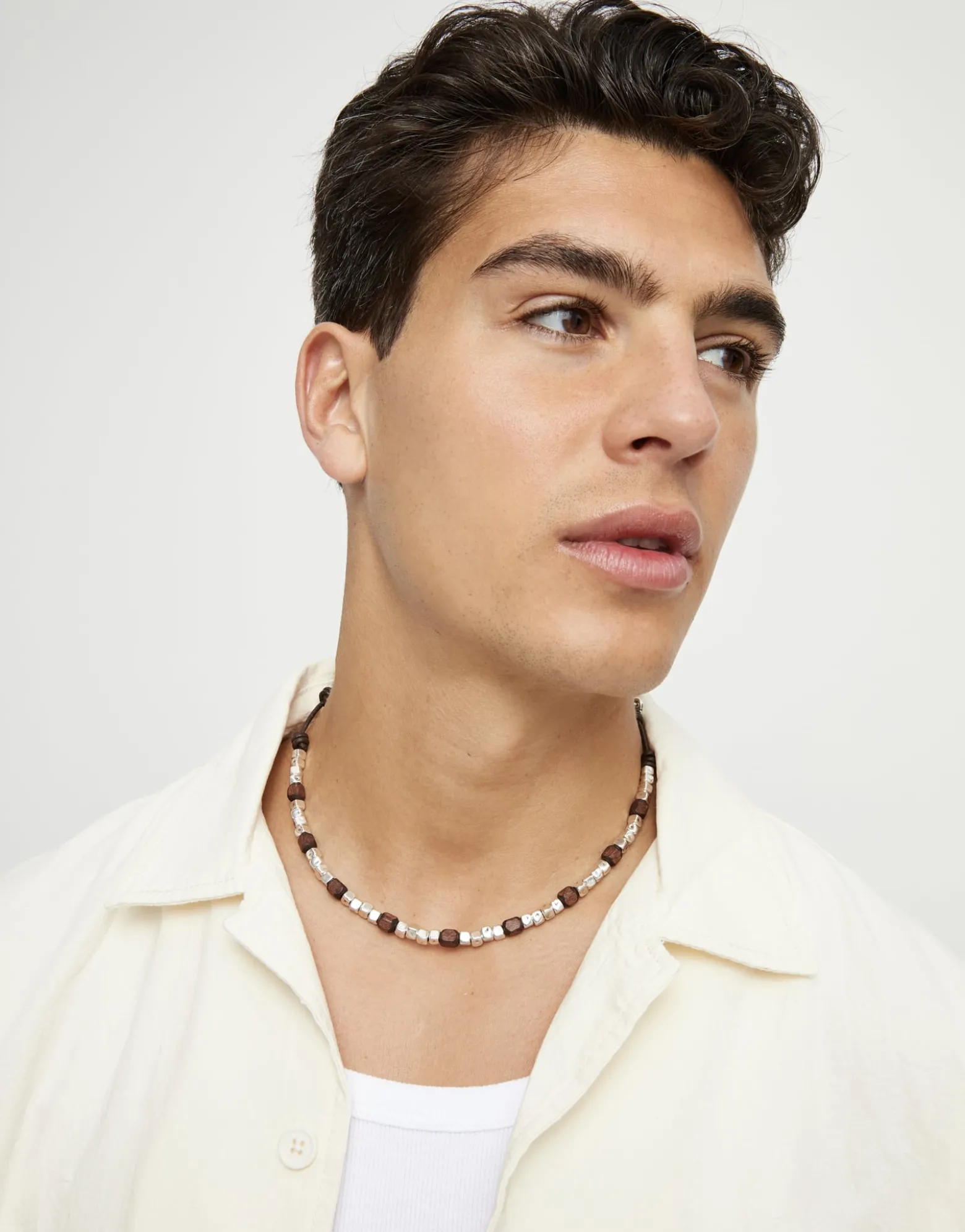 Leather necklace with silver and wooden beads
