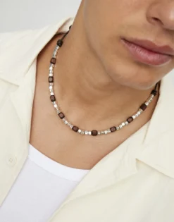 Leather necklace with silver and wooden beads
