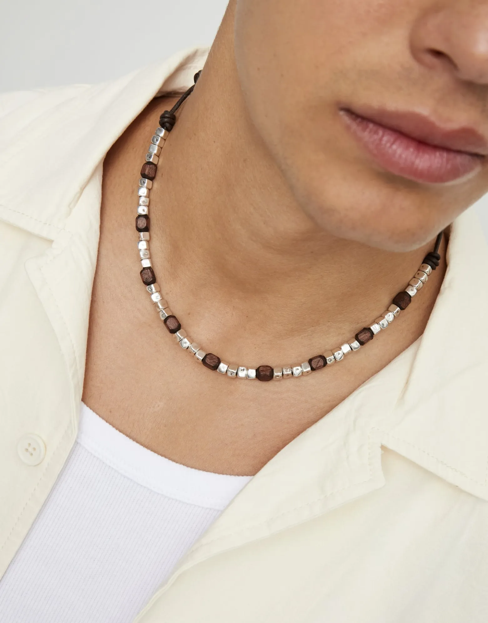 Leather necklace with silver and wooden beads