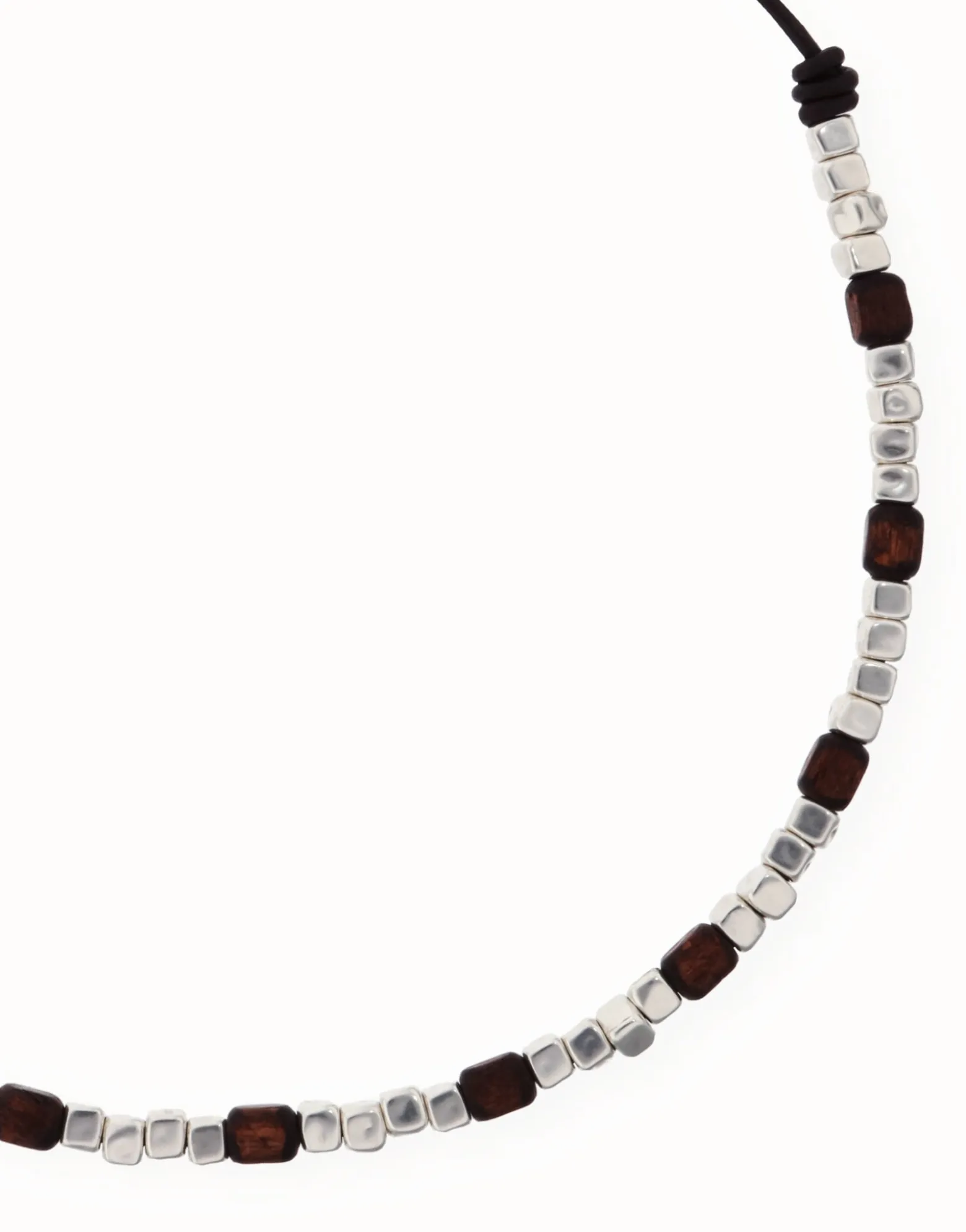 Leather necklace with silver and wooden beads