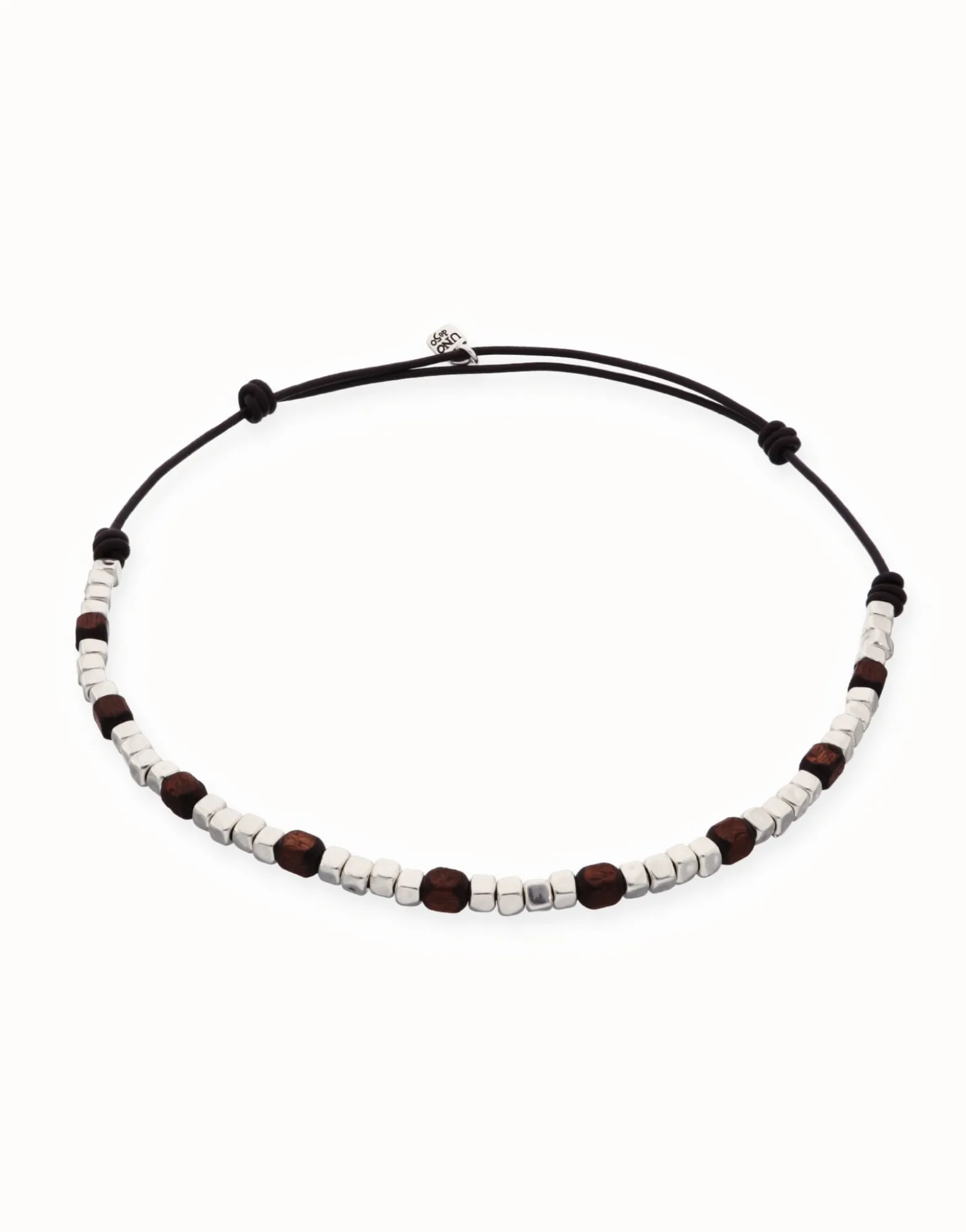 Leather necklace with silver and wooden beads