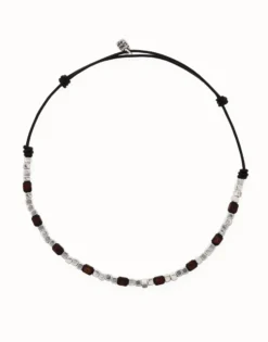 Leather necklace with silver and wooden beads