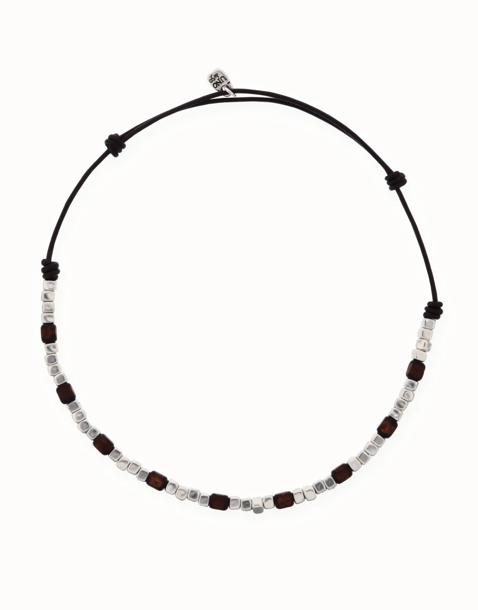 Leather necklace with silver and wooden beads