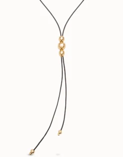 Long leather necklace with three central beads