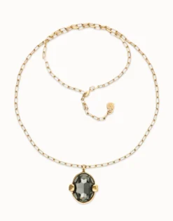 Long necklace with gray oval faceted crystal