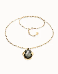 Long necklace with gray oval faceted crystal