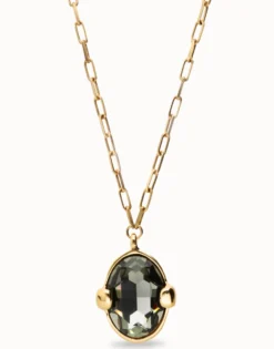 Long necklace with gray oval faceted crystal