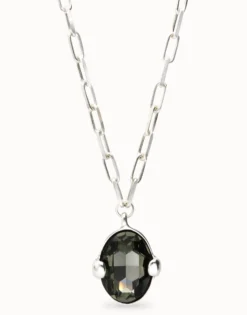 Long necklace with large gray oval faceted crystal