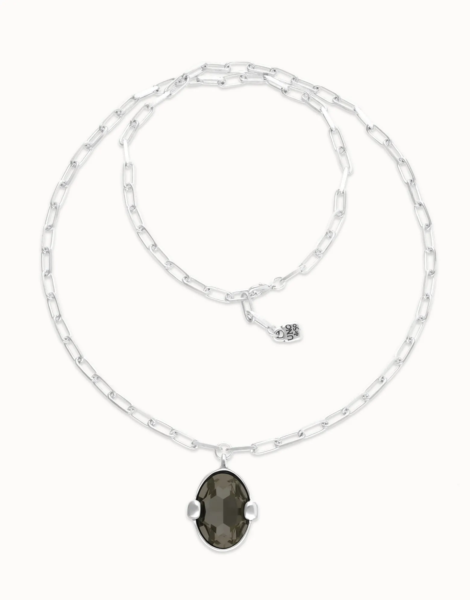 Long necklace with large gray oval faceted crystal