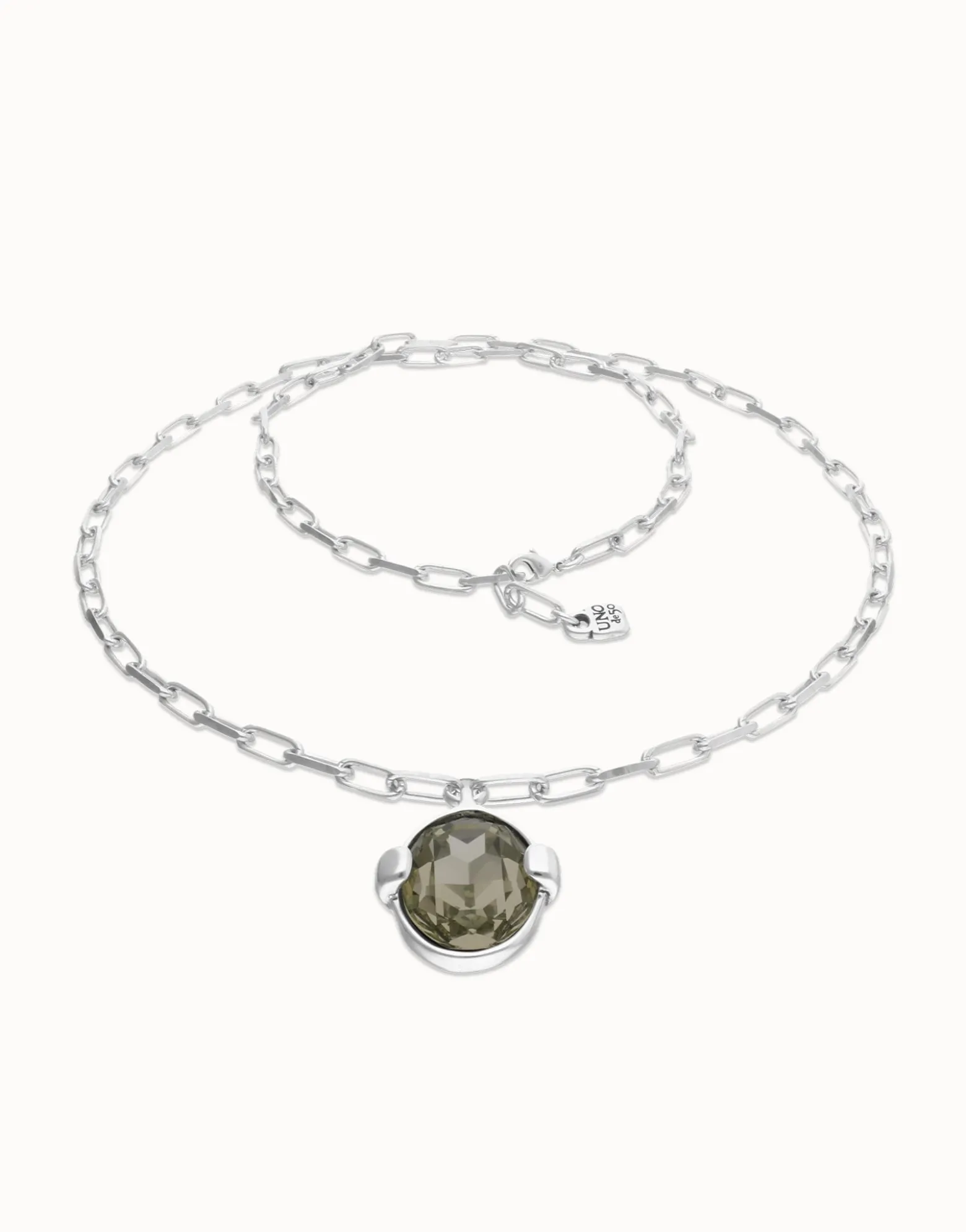 Long necklace with large gray oval faceted crystal