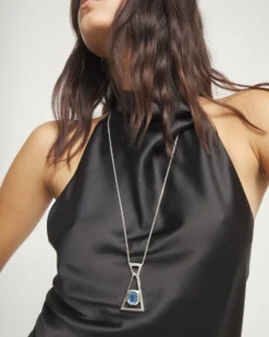 Long necklace with pendant and rectangular blue faceted crystal