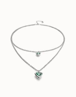 Multi-layer pendant link chain necklace with green crystal