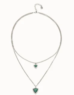 Multi-layer pendant link chain necklace with green crystal