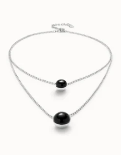 Multi-layer pendant link necklace with black murano glass