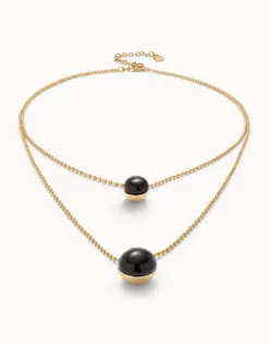 Multi-layer pendant link necklace with black murano glass