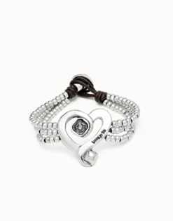Multi strand leather beaded bracelet with a heart