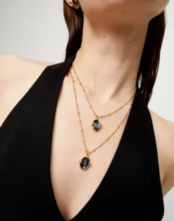 Multi strand necklace with two black oval faceted crystals