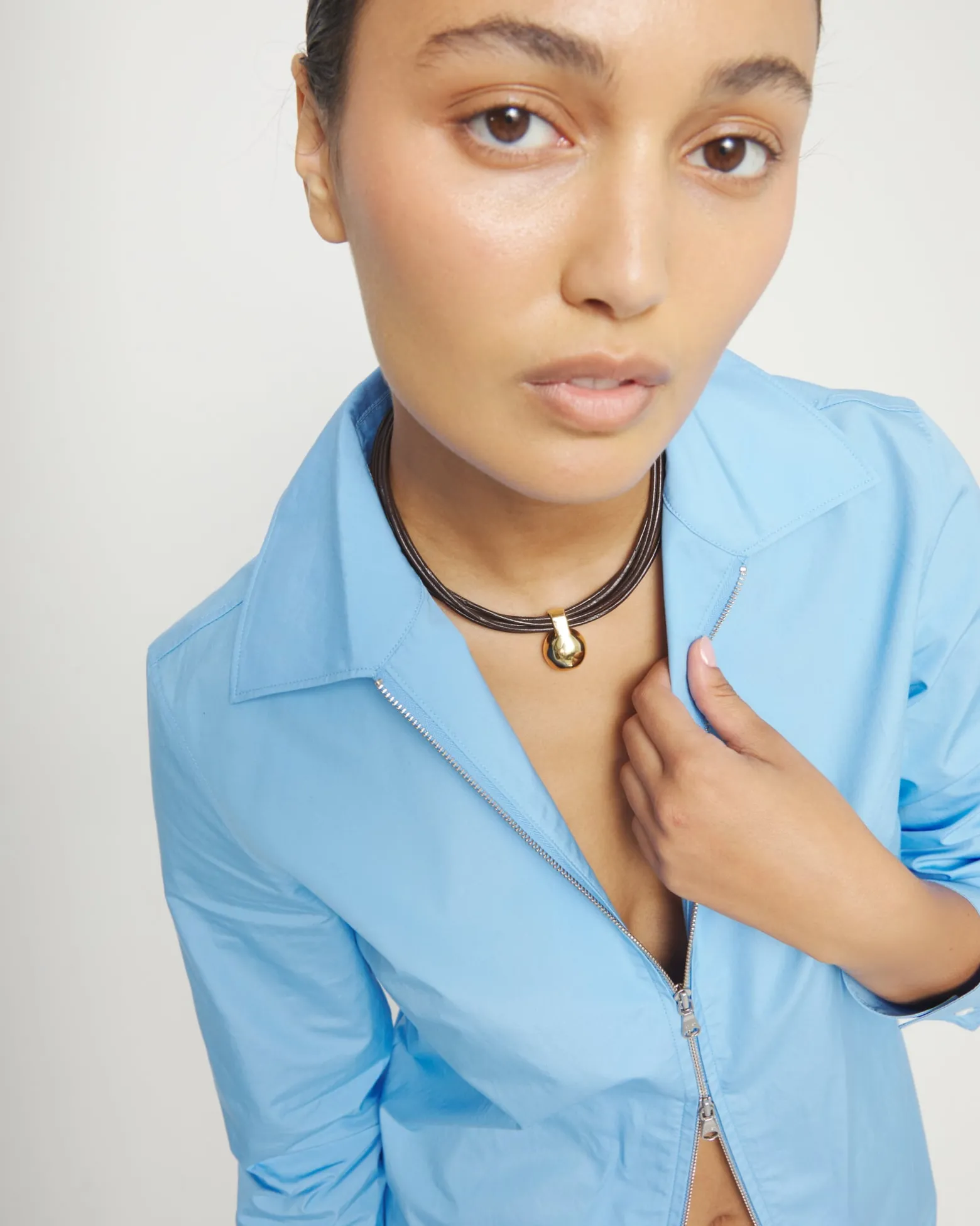 Multistrand short leather necklace with large sphere