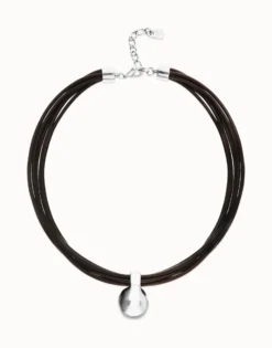 Multistrand short leather necklace with large sphere