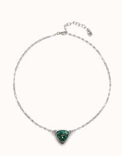 Pendant chain link necklace with green crystal