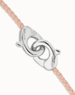 Pink leather bracelet with interlocking carabiner