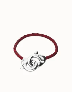 Red leather bracelet with interlocking carabiner