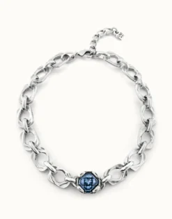 Short link chain necklace with large blue crystal
