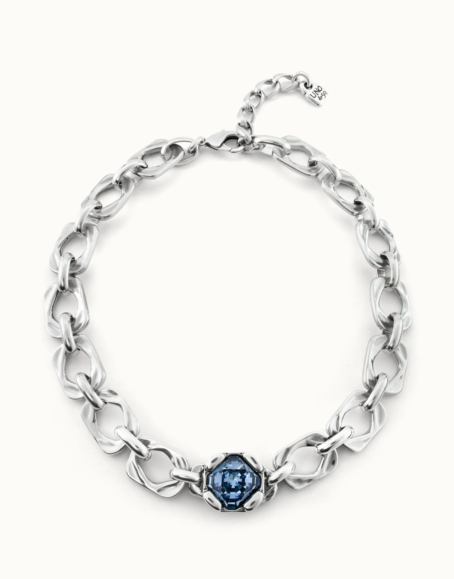 Short link chain necklace with large blue crystal