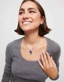 Short link chain pendant necklace pink crystal