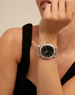 Silver plated watch with black dial