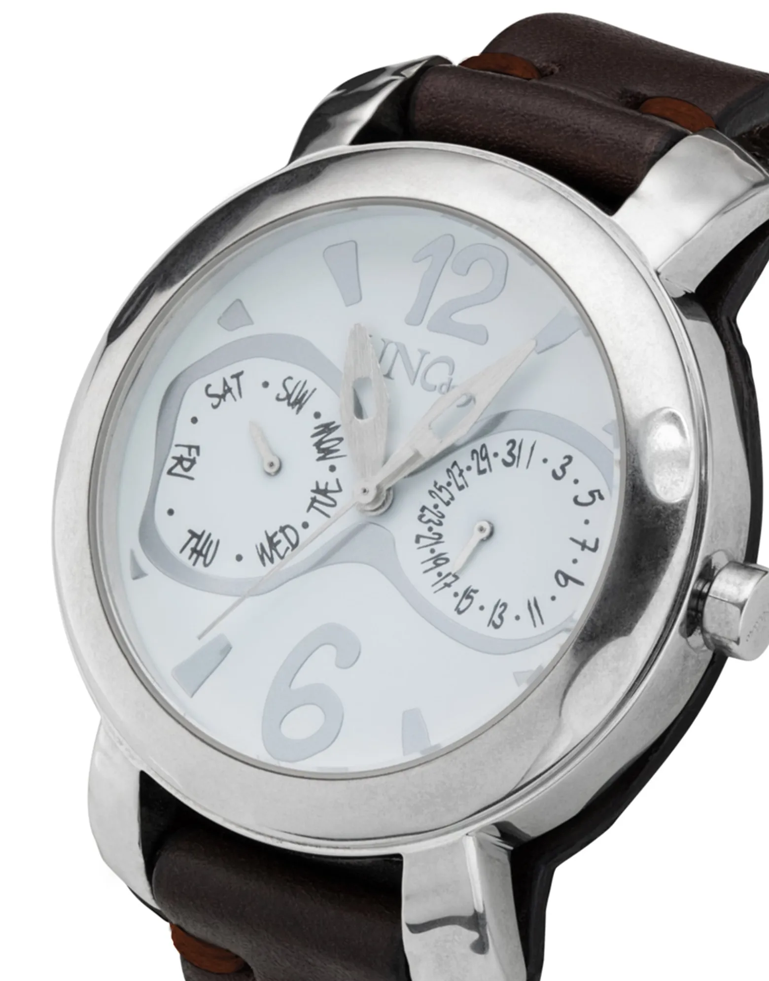 Sterling silver-plated leather and metal watch for men