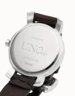 Sterling silver-plated leather and metal watch for men