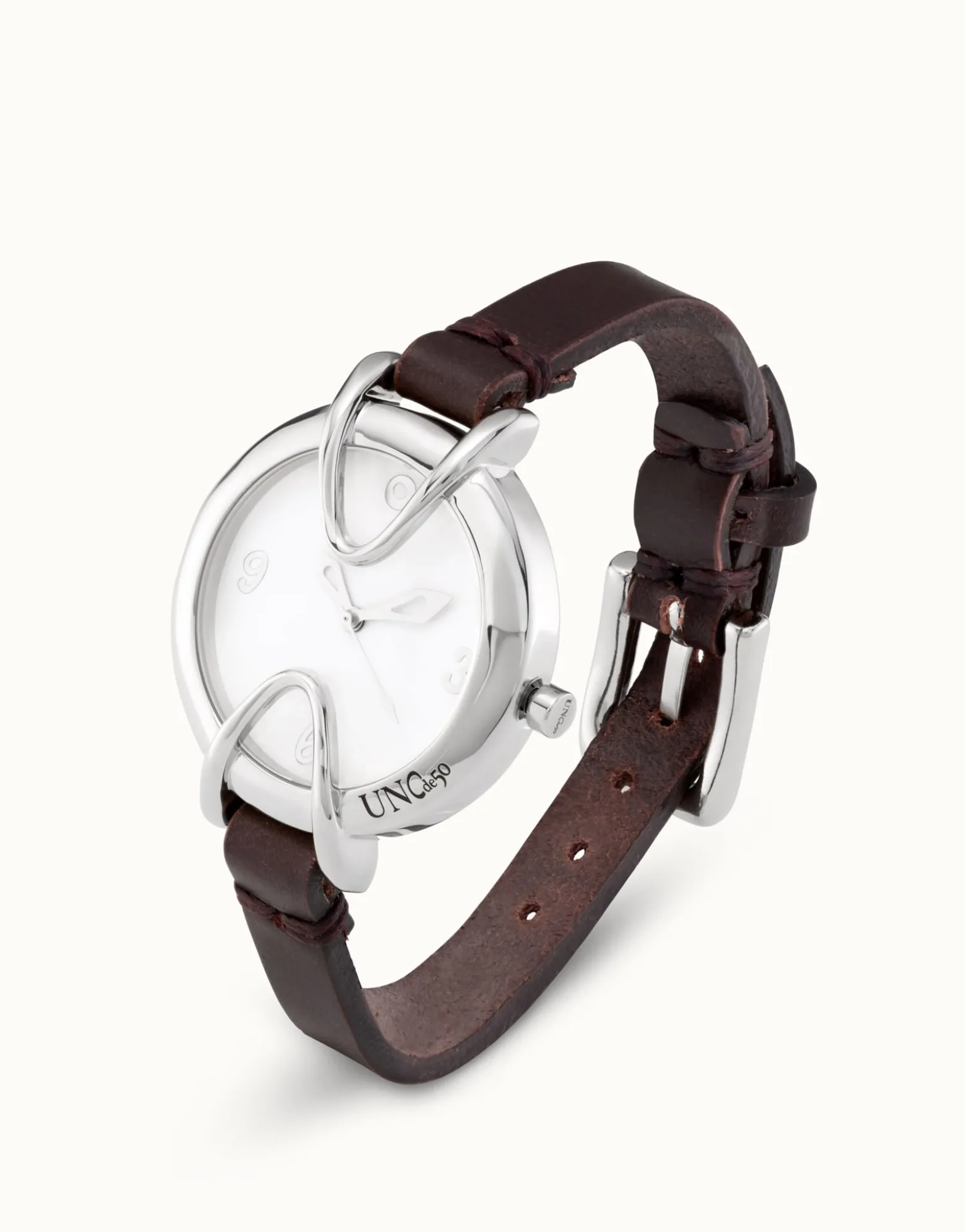 Sterling silver-plated watch with black leather strap and round white dial
